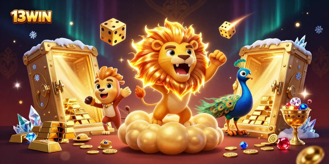 Join the excitement of 13WIN, where a lion roars amidst gold and treasures in a vibrant casino scene