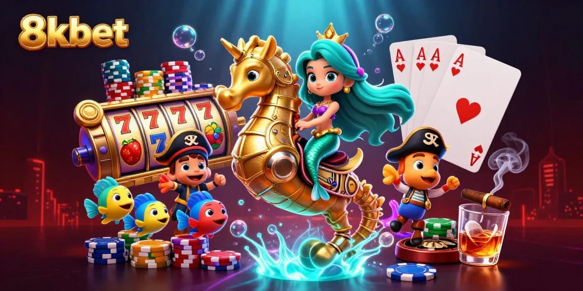 Experience the magic of 8xbet with a vibrant underwater casino scene featuring a mermaid and gaming elements.
