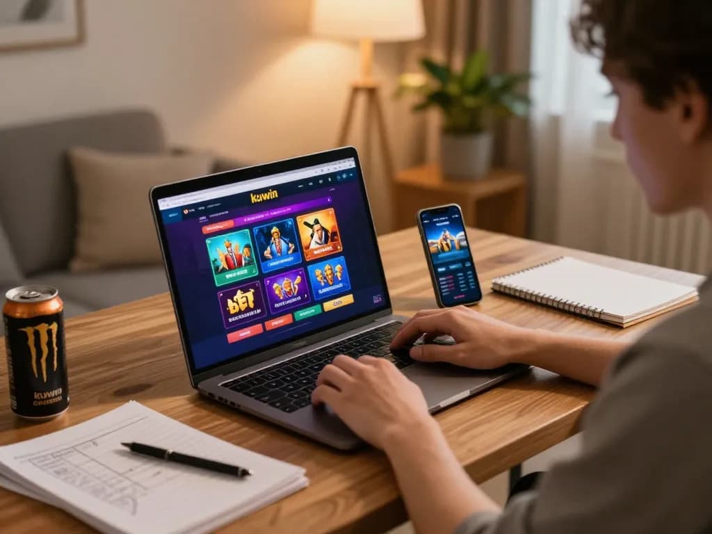 Kuwin user engaging in online casino gaming on a laptop with vibrant game display
