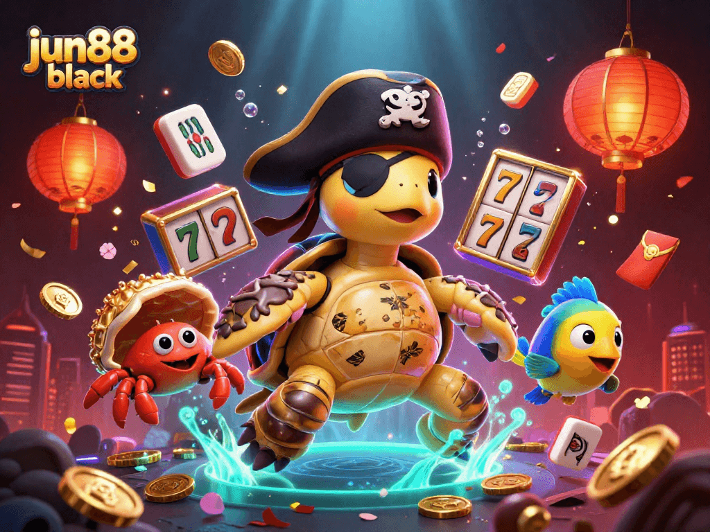 Experience thrilling wins with jun88 black in an interactive 3D casino adventure featuring cartoon characters amidst dynamic gaming elements.