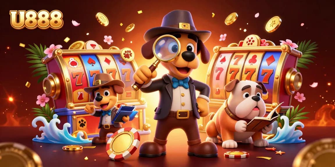 U888 site's vibrant 3D illustration featuring detectives uncovering treasure with slot reels and poker chips.