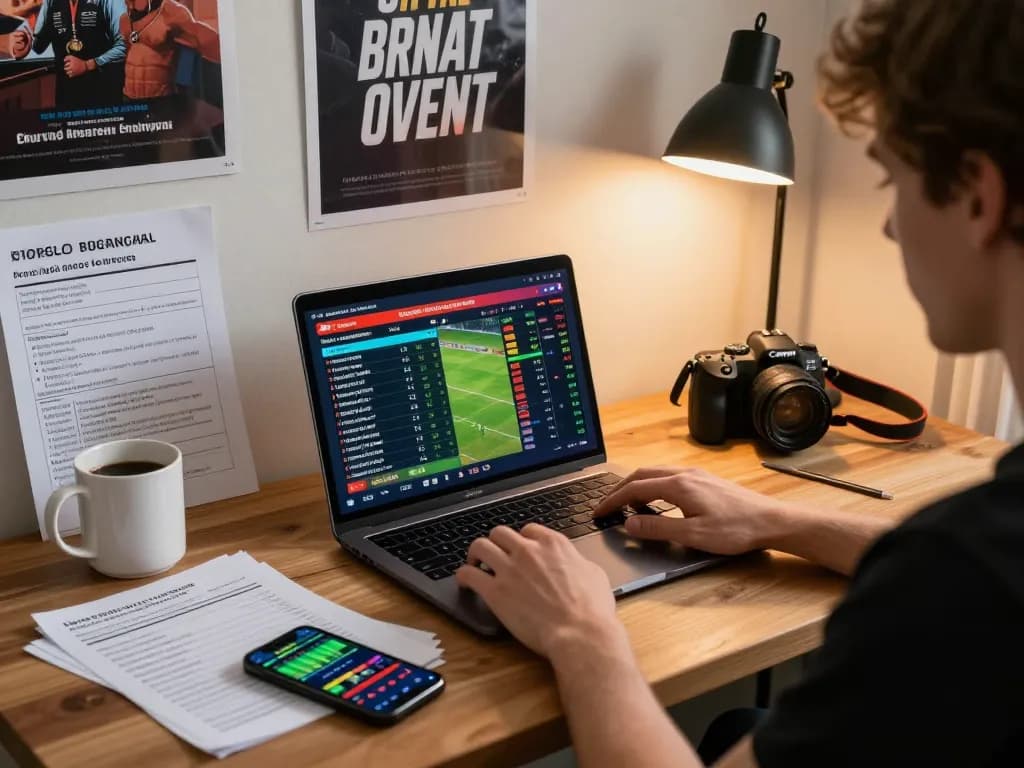 Person using stepballl for live sports betting with strategic guides in a cozy home office.