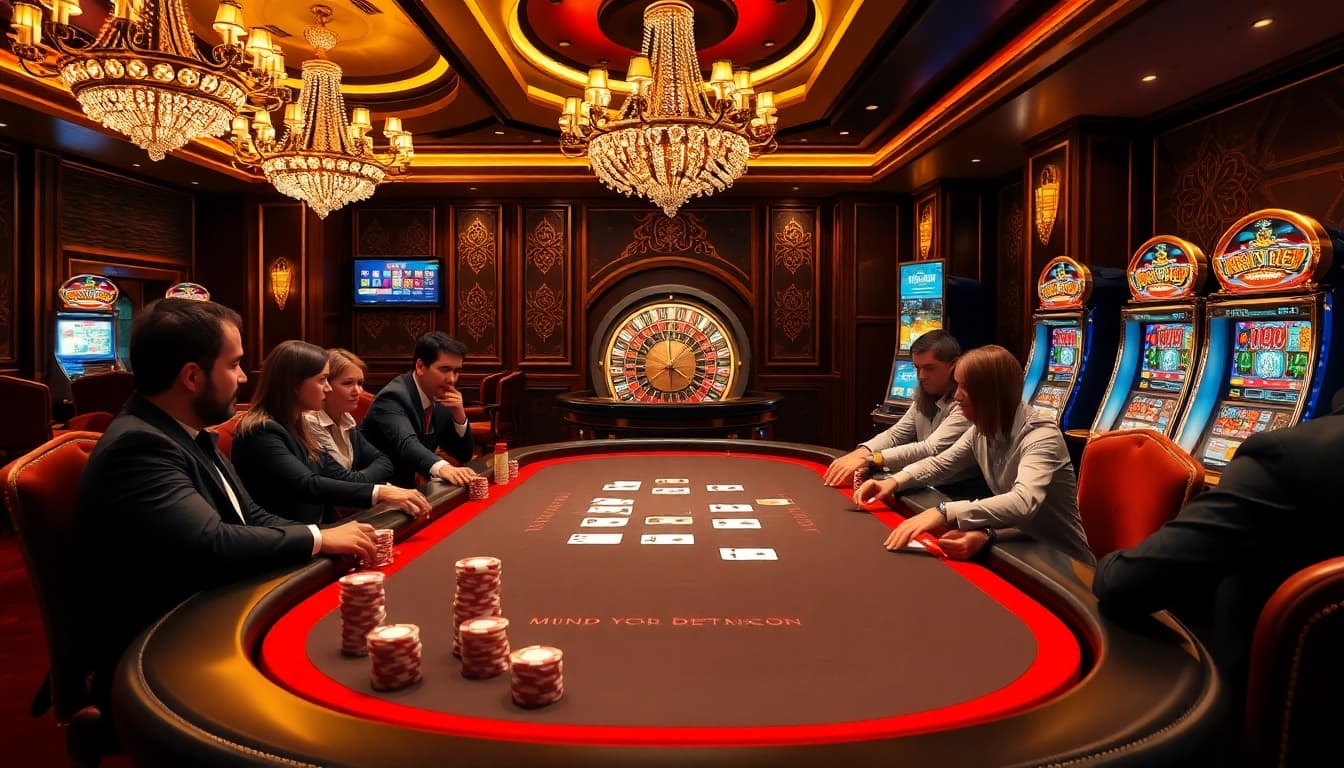 Exciting poker game scene at a luxury casino highlighting fun79 betting strategies and tension.