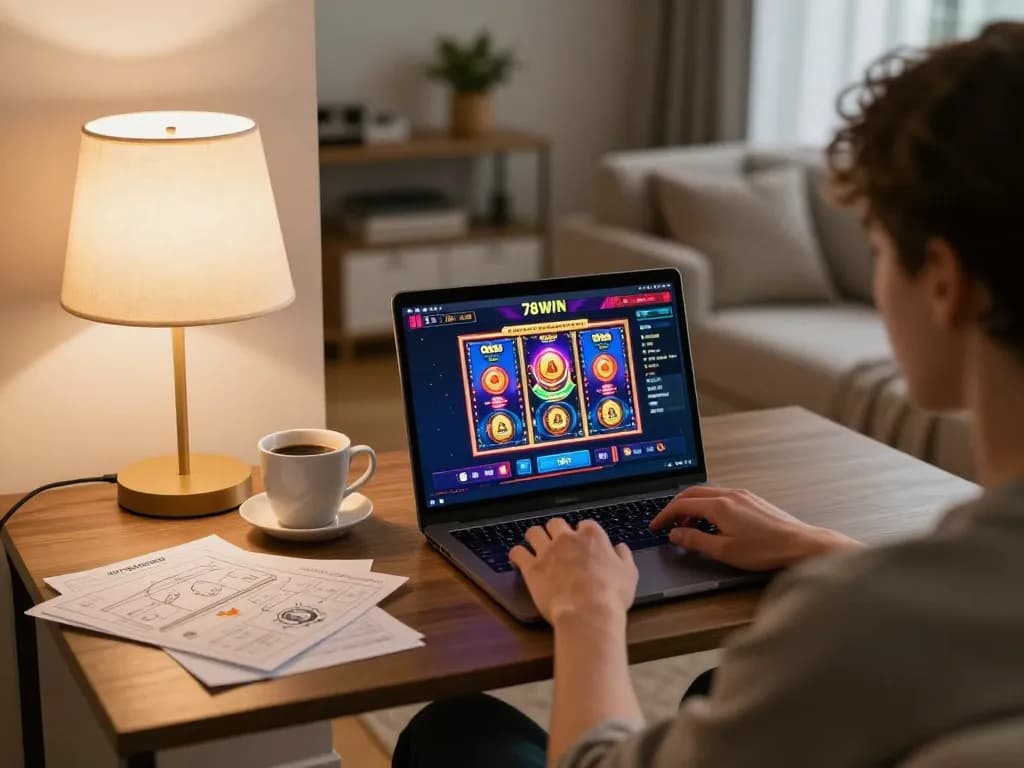 Player experiencing the exciting 78WIN online casino with vibrant games in a cozy home setting.