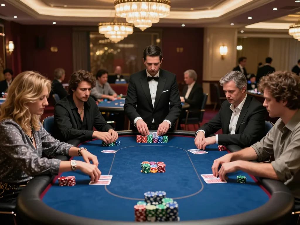 GO8 players engaged in a thrilling poker game, showcasing strategic gameplay and vibrant casino atmosphere