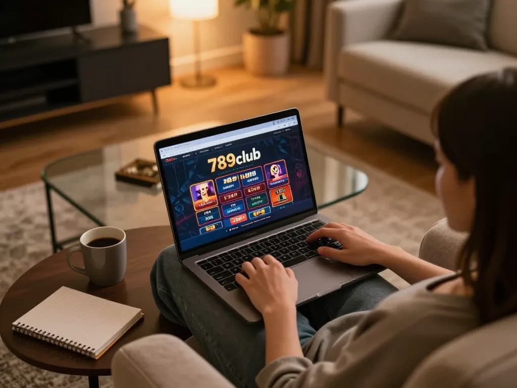 Engaging in online games at 789club with laptop interface and cozy setup