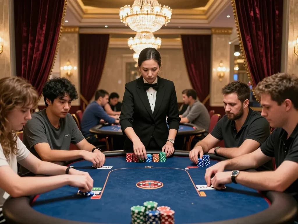 Engaging poker gameplay at a stylish casino highlighting 32win con with players focused on strategies