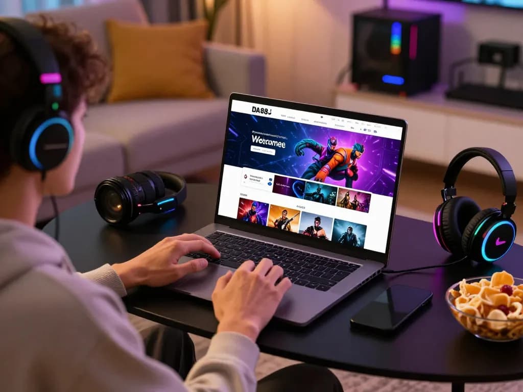 Engaging DA 88 entertainment platform scene with user enjoying diverse gaming options on a laptop.