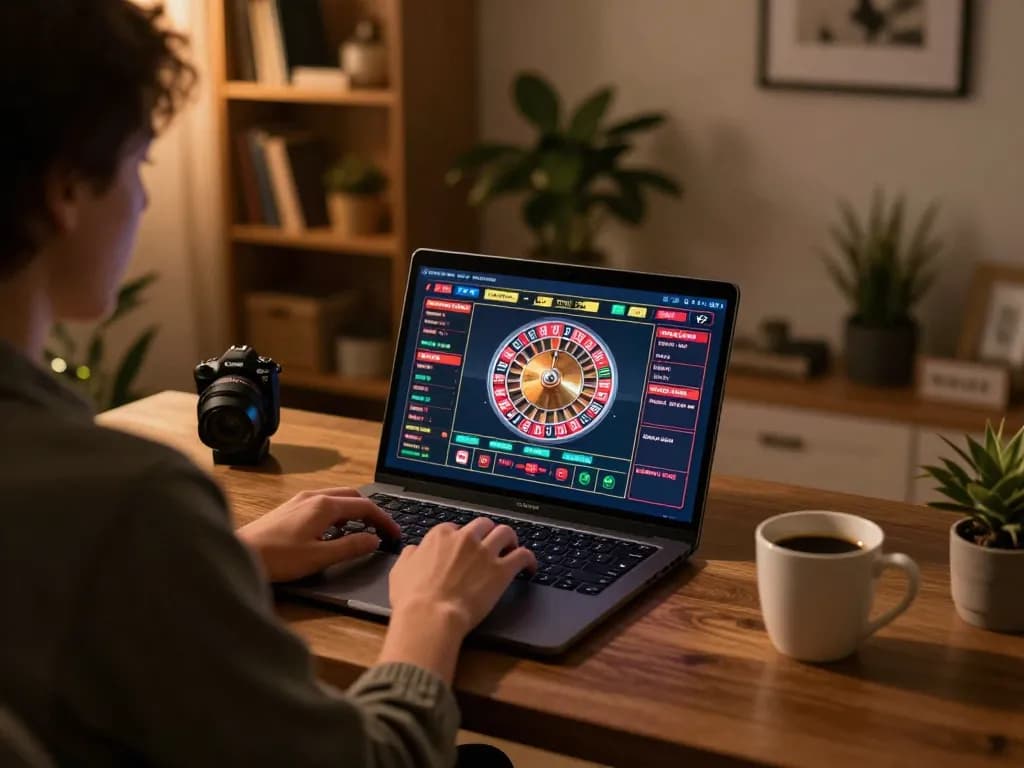 Playing live dealer roulette game on a laptop at home while engaging with sc88 casino.