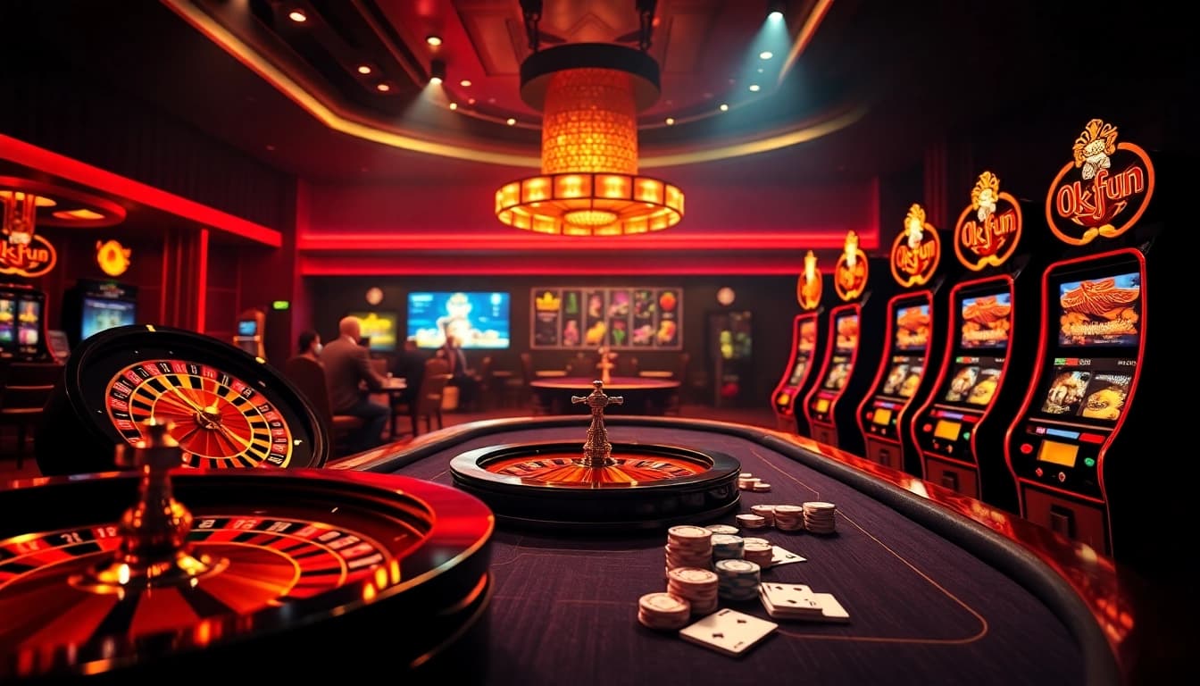 Enjoying a thrilling game at okfun casino, featuring vibrant slots and elegant tables.