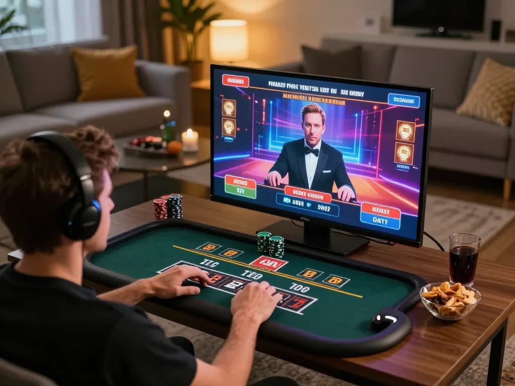 Player engaging with live dealer casino game on 98win in a cozy home setting