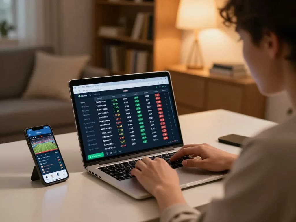 Engaging in a tip88 online sports betting strategy with laptop showing live odds and betting apps.