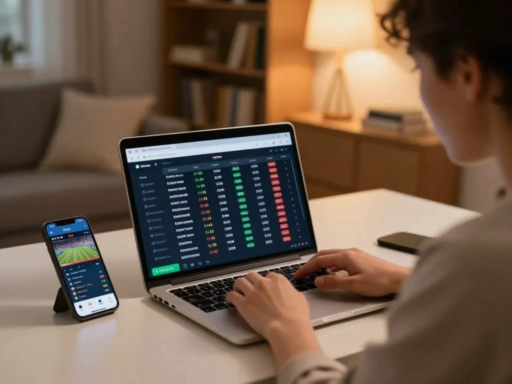 Engaging in a tip88 online sports betting strategy with laptop showing live odds and betting apps.