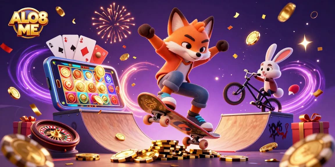 Watch ALO8 ME come alive as a fox skater performs tricks amidst vibrant casino imagery.
