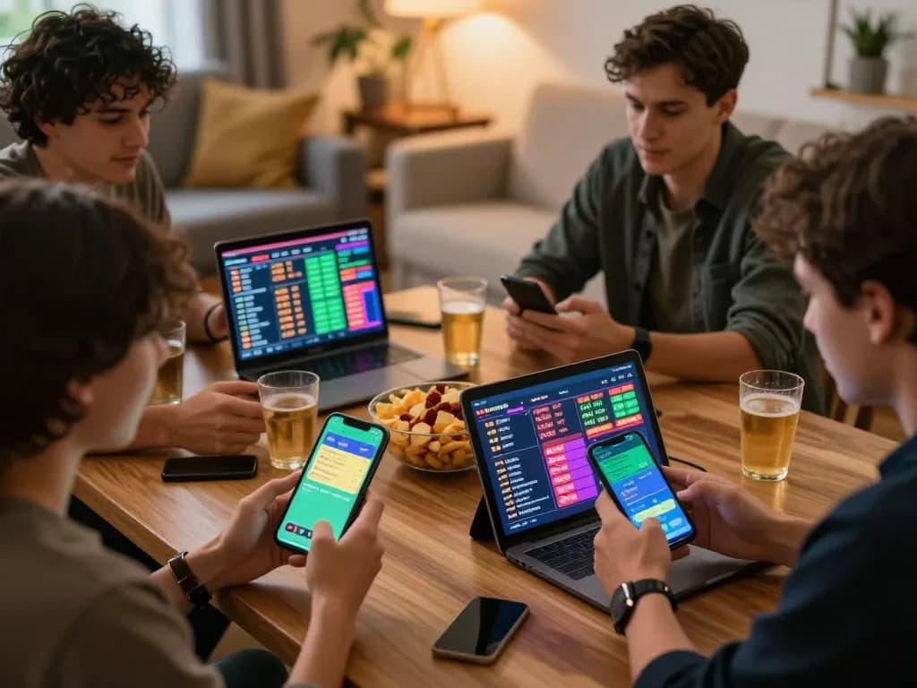 Engaging in vebo tv sports betting with friends, smartphones displaying live odds and apps in a warm home setting.
