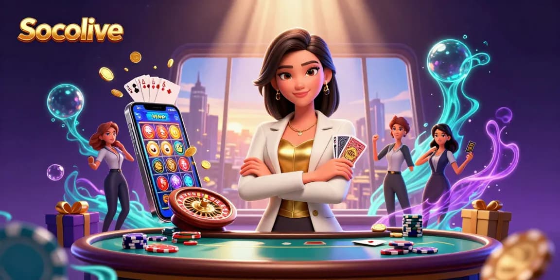 Socolive provides an exciting online gambling experience with a powerful businesswoman guiding players through vibrant games and rich visuals.