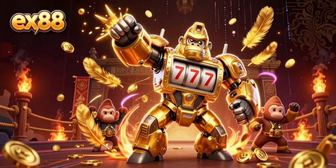Experience the thrill of ex88 with a dynamic 3D scene of a gorilla mech and vibrant casino elements.