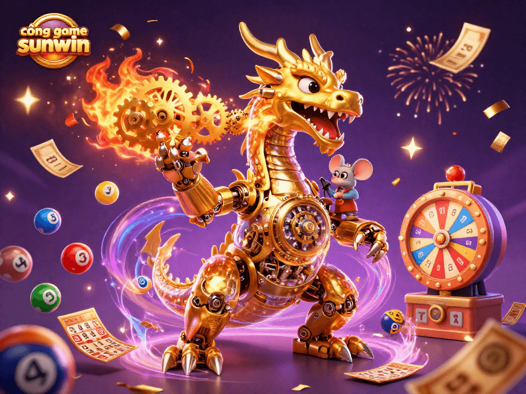 Immerse yourself in cổng game sunwin with a vibrant dragon, lottery elements, and festive effects!