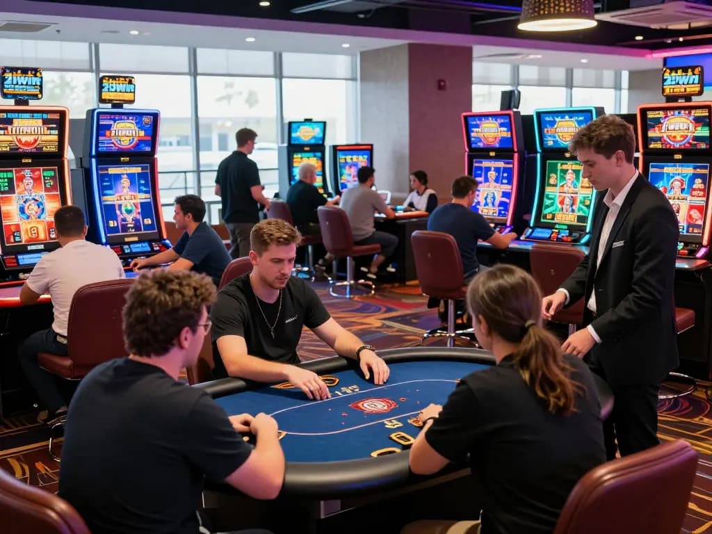 Exciting gaming atmosphere at 23win online casino featuring engaged players, vibrant lights, and dynamic games.