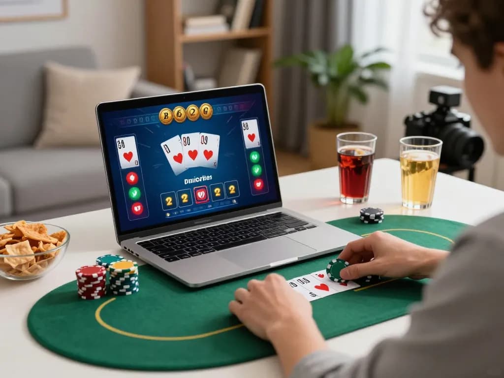 Player enjoying hytw3339 com poker session at home, laptop showing winning hands and betting options.