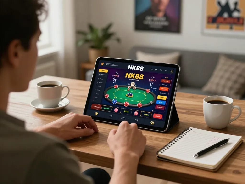 Engaging gameplay on NK88 casino app showcasing poker strategy in a stylish home office.