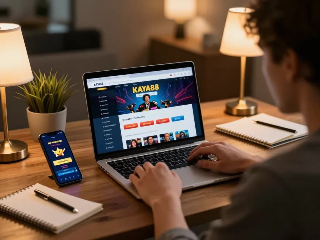 Kaya88 online gaming setup with a user engaged, showcasing live casino play and bonus alerts.