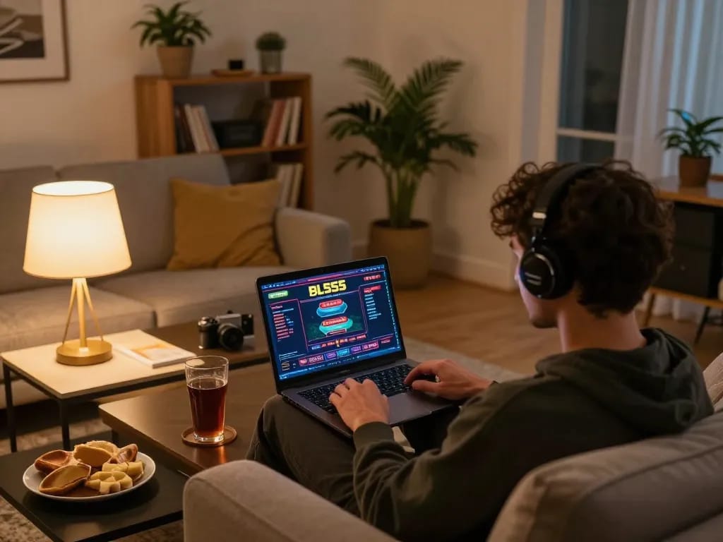 Engaged player using bl555 online casino platform at home with laptop and strategy notes.