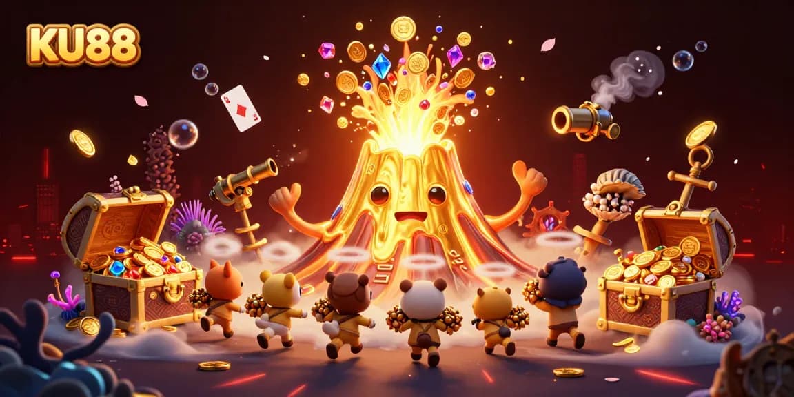 Experience thrilling wins at KU88 Casino with vibrant treasures erupting from a golden volcano.
