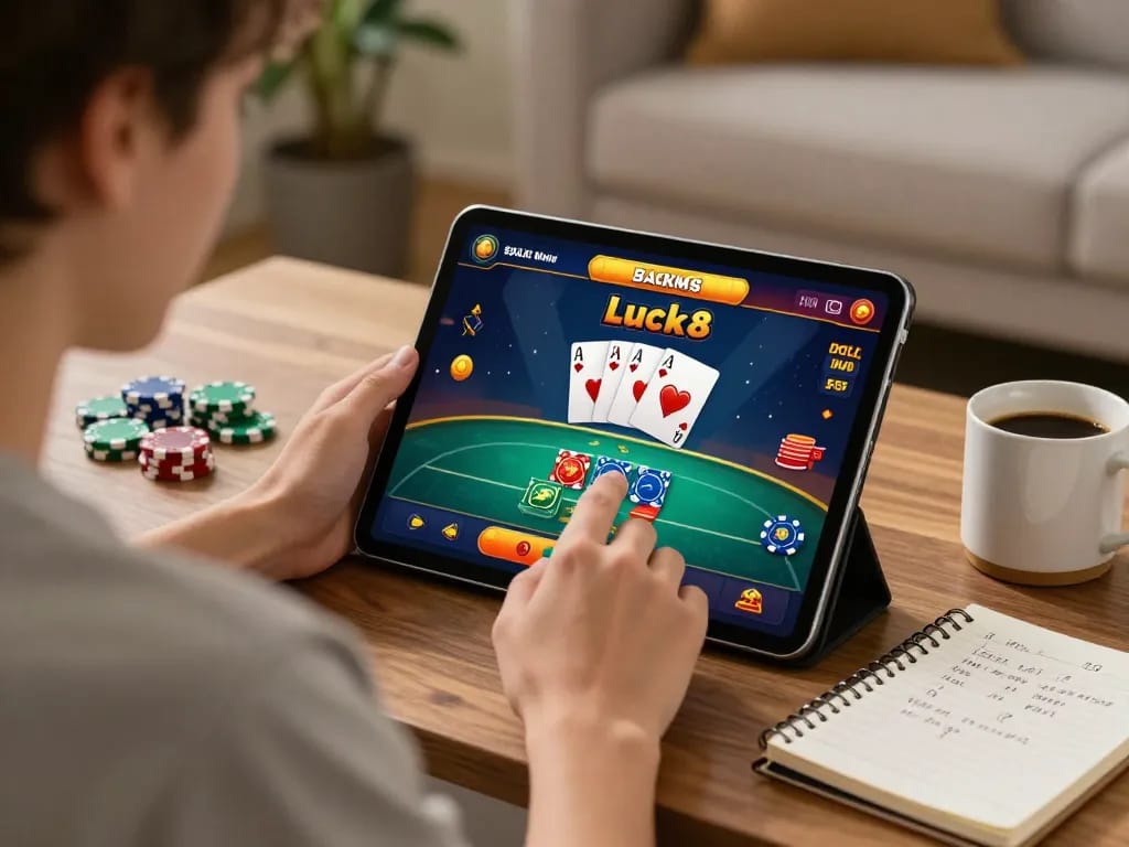 Playing luck8 poker games on a tablet at home with cozy atmosphere and strategy notes.