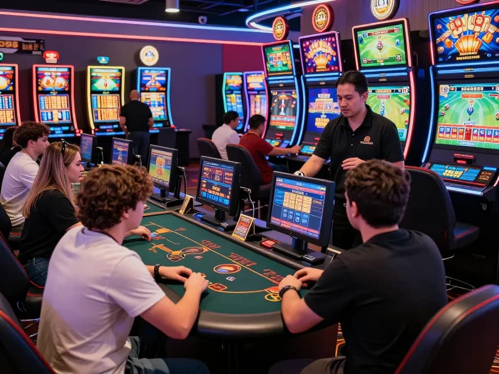 BL555 online gaming scene with vibrant colors, players enjoying diverse games in a dynamic casino atmosphere.