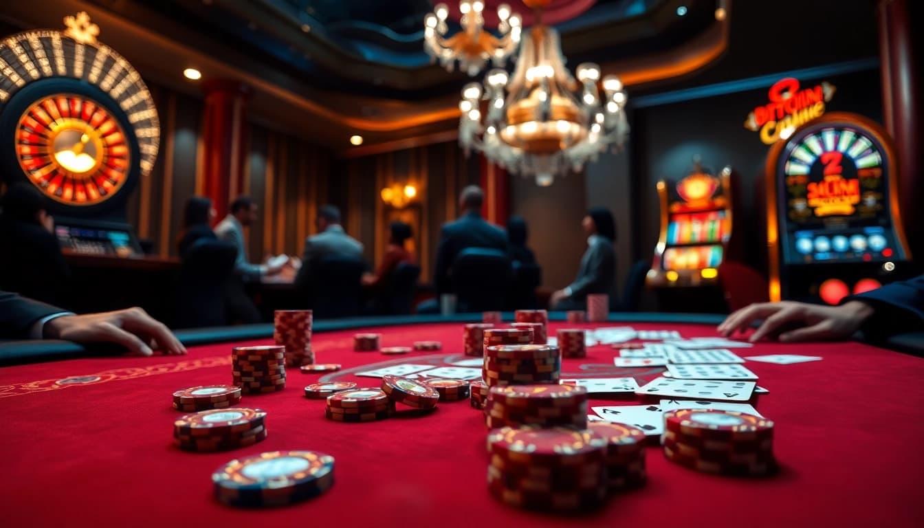 Engaging scene of professionals playing at luck8 casino with poker chips and roulette wheels.