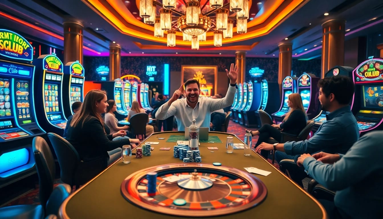Hit club players celebrating victory at a vibrant casino table with chips and cards.