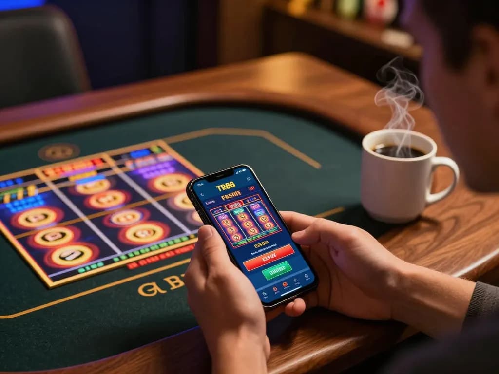 Engaging with the TR88 casino app on a smartphone in a cozy home setting, showcasing online gambling.