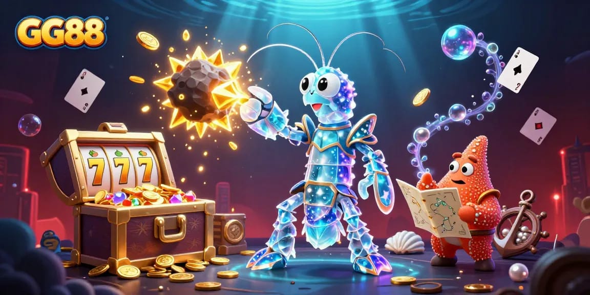 Experience thrilling gameplay with GG88 in this vibrant 3D casino scene featuring treasures and games.