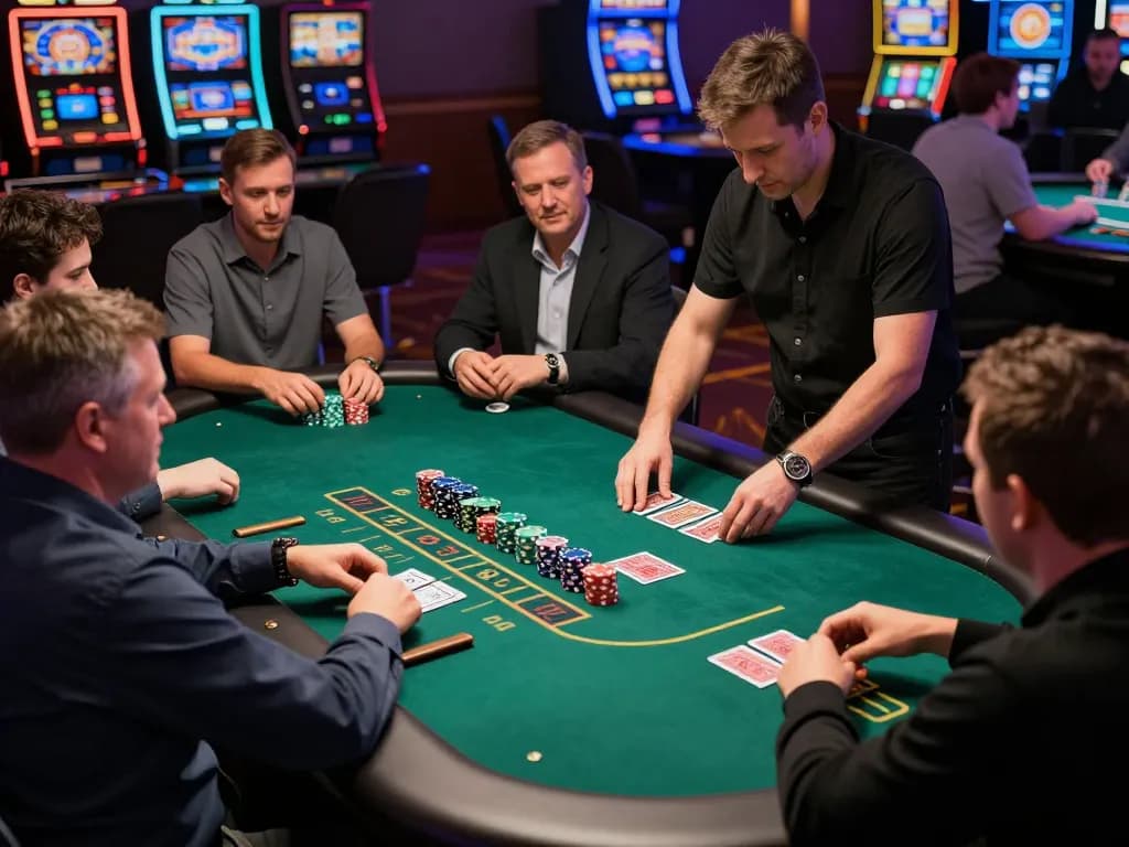 Dola789 players strategizing during an exciting blackjack game in a vibrant casino.