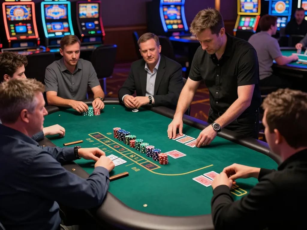 Dola789 players strategizing during an exciting blackjack game in a vibrant casino.