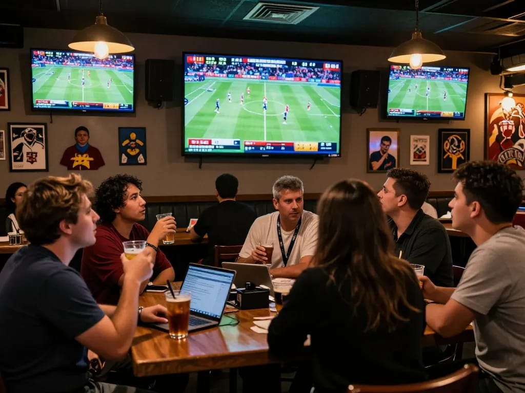 Thrilled sports fans analyzing odds for keo nha cai during a live betting session in a bustling sports bar.
