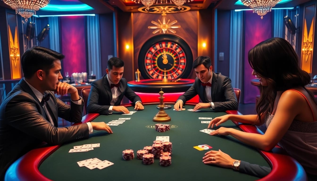 okwin players strategizing at a luxurious poker table in a vibrant casino setting