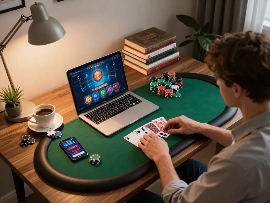 Player engaging in poker on win68 online casino app, showcasing vibrant gameplay atmosphere.
