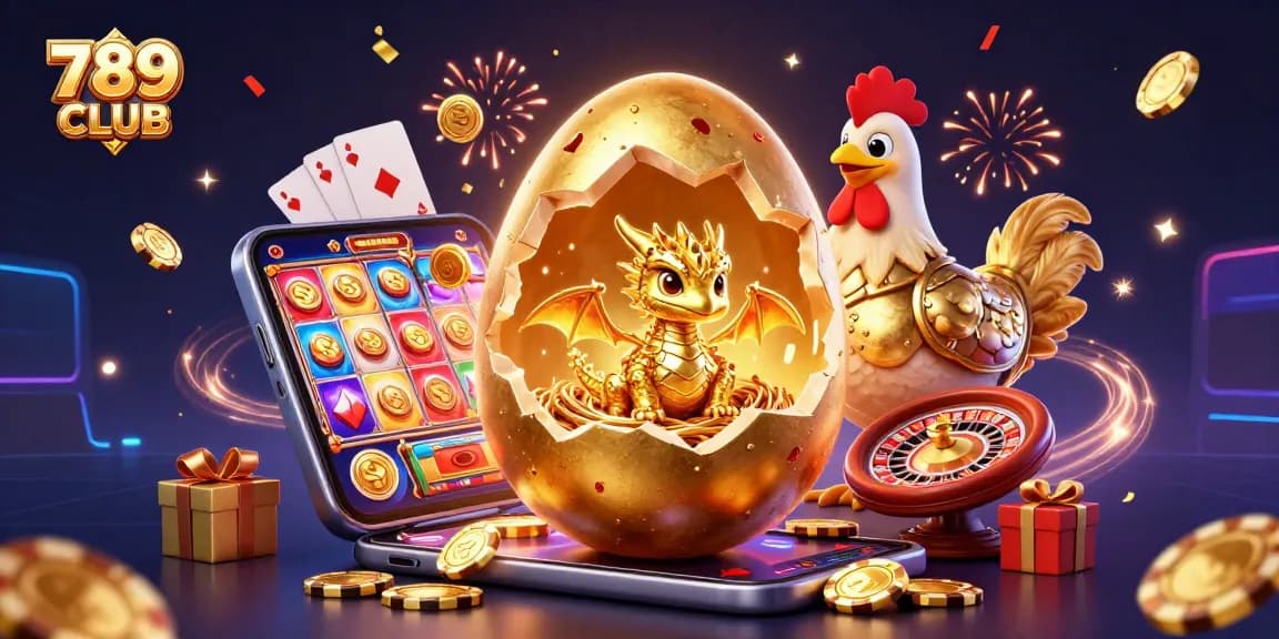 Experience the thrill of 789 CLUB with a baby dragon and golden elements in this vibrant casino illustration.