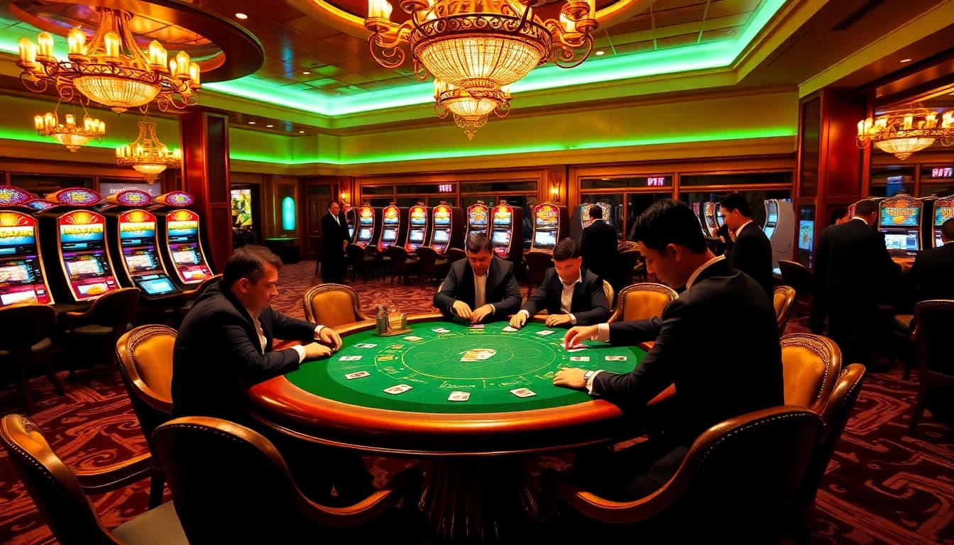 Excited players at a poker table in a luxury casino, featuring hidden wiki wiki strategic moments.