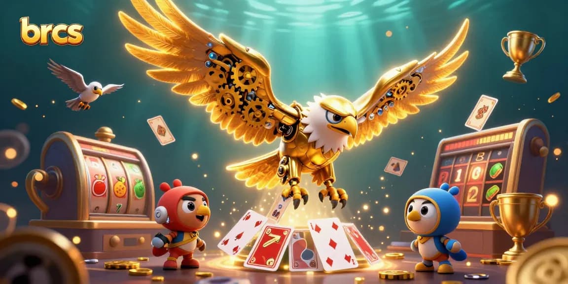 Engage in thrilling gameplay at brcs with a cybernetic eagle soaring above vibrant slot reels and cards.