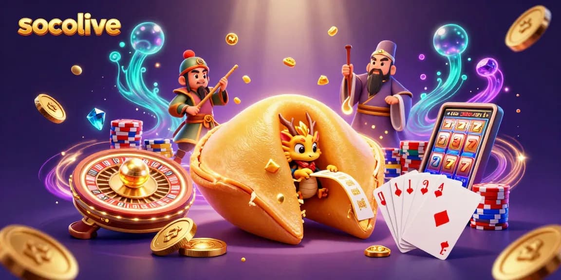 Socolive showcases a dynamic scene with a giant fortune cookie, wise dragon, and casino elements in vibrant detail.