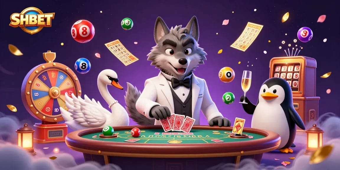 Join the excitement with SHBET at a dynamic baccarat table featuring unique characters and vibrant gaming elements.