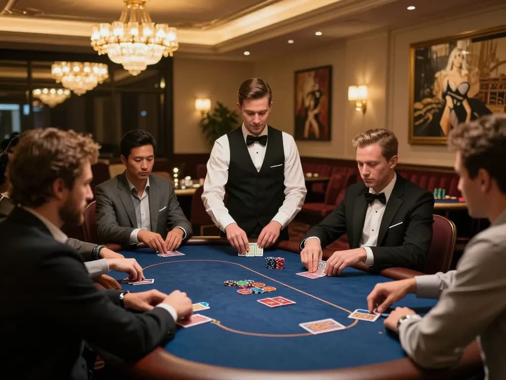EE88 VIP gaming scene with engaged players enjoying a high-stakes poker game in an elegant casino setting.