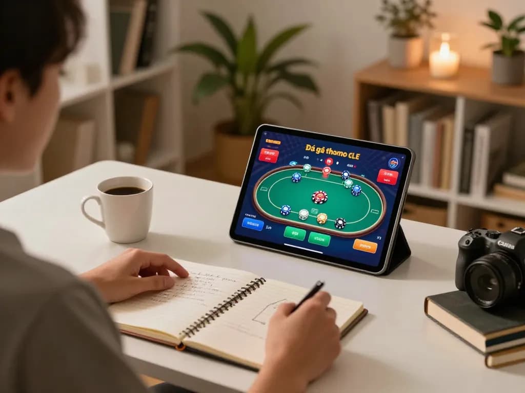 Watching Đá gà thomo live stream on a tablet, showcasing strategic gameplay and a cozy home atmosphere.