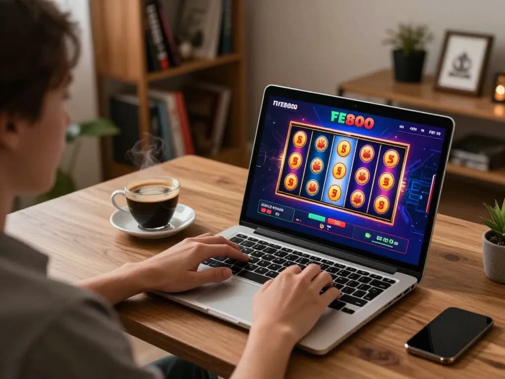 Engaging player interacting with fly8800 online casino, enjoying a vibrant slot game at home.