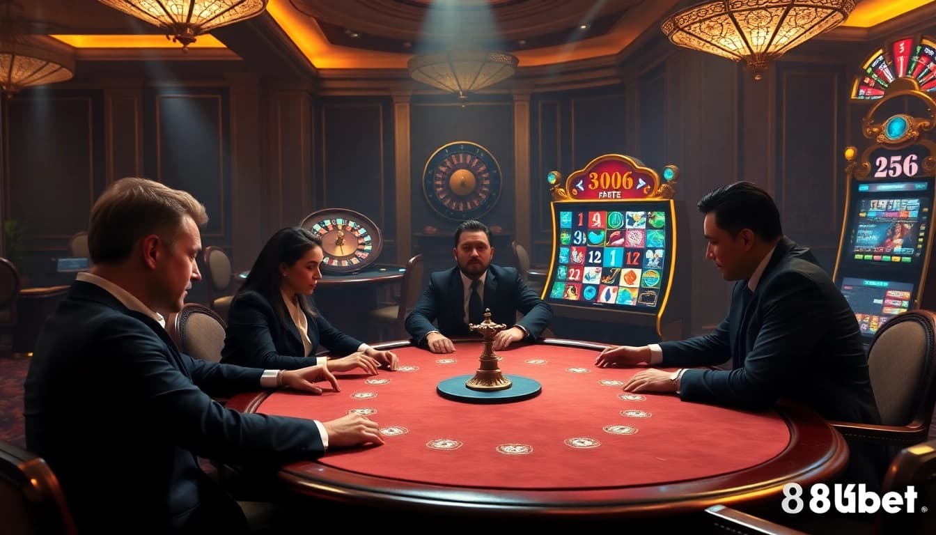 8kbet showcases an exhilarating casino experience with high-stakes poker and vibrant slot machines.
