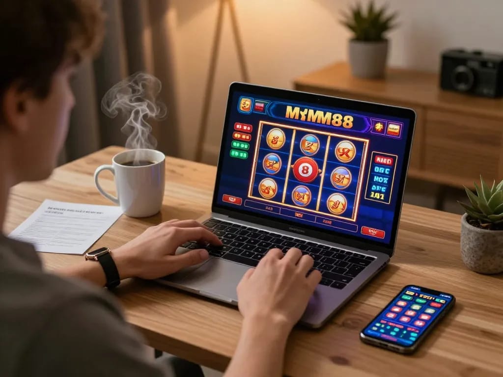 Engaged player enjoying MM88 online casino gaming with laptop and notes.