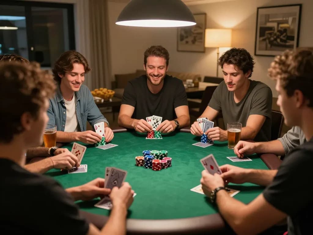 Friends enjoying a lively poker night with FLY88 strategy discussions and colorful chips.